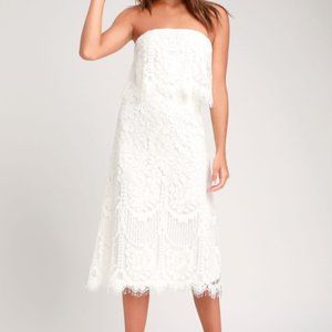 White Strapless Lace Midi Dress